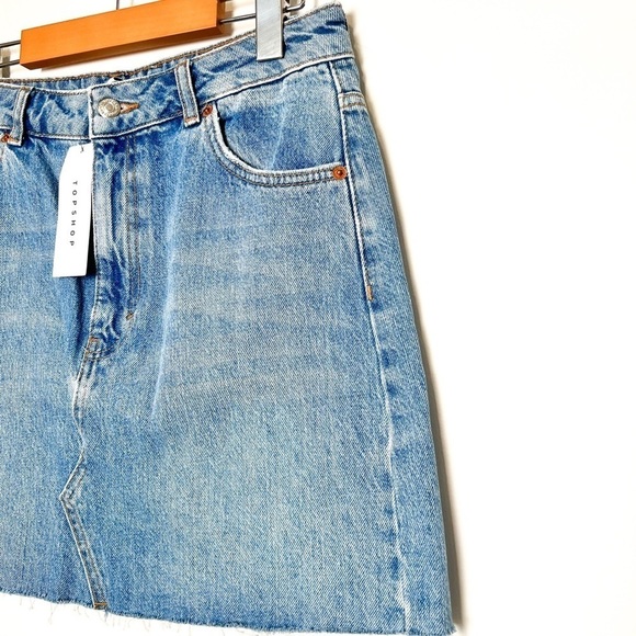 NWT Top Shop Denim Distressed High Waist Mini Denim Skirt - Picture 2 of 7
